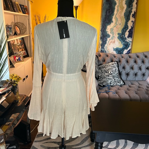 Fashion Nova cream with silver stripes short set zip up back. Plunging neckline. - Picture 8 of 12